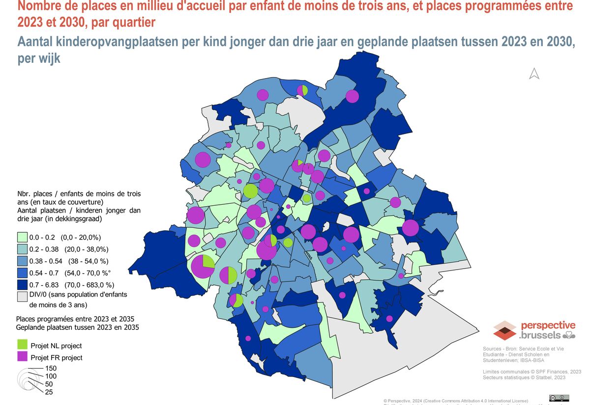 Nombre de places en millieu d'acceuil par enfant de moins de trois ans et places programmées entre 2021 et 2030, par quartier @perspective.brussels