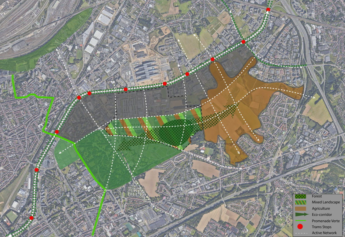 Principe-schema (indicatief): een gemengd landschap met min. 20 ha bos als schakel tussen begraafplaatsen en Woluweveld, ecologische corridor en netwerk voor actieve mobiliteit.
